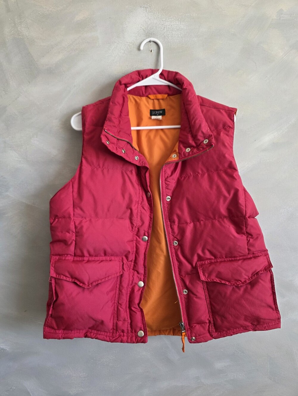 Vibrant Pink Vtg J.Crew Down Puffer Vest Contrasting Orange Gilet Mock Neck L